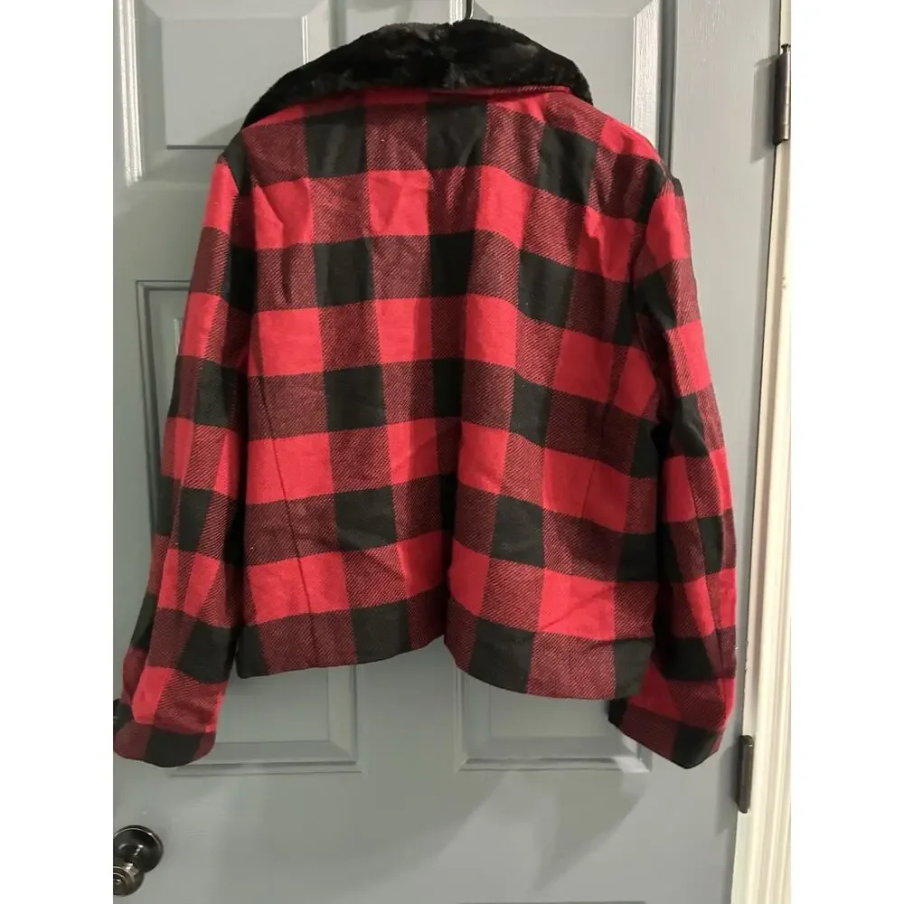 Vintage Talbots Buffalo Plaid Jacket Faux Fur Collar Italian Wool Zip Up Size 20
